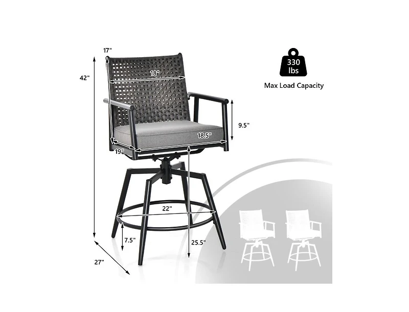Mondawe 2 Piece 360 Degree Swivel Bar Stool Set with Rattan Backrest and Cushions