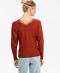 I.n.c. International Concepts Women's Lace Trim Double V Neck Dolman Long-Sleeve Viscose-Blend Sweater, Macy's Exclusive