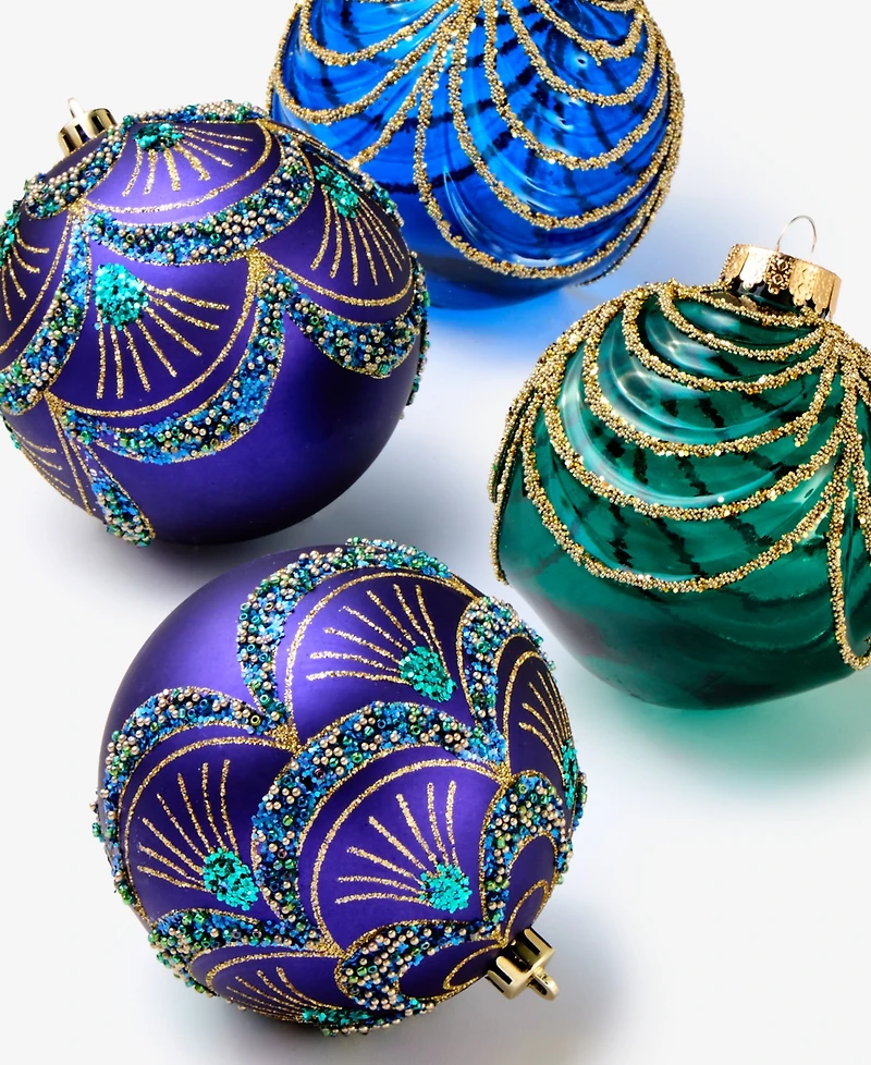 Holiday Lane Opulence Shatterproof Blue, Purple & Green Decorated Ball Ornaments, Set of 4, Macy's Exclusive