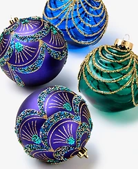 Holiday Lane Opulence Shatterproof Blue, Purple & Green Decorated Ball Ornaments, Set of 4, Macy's Exclusive