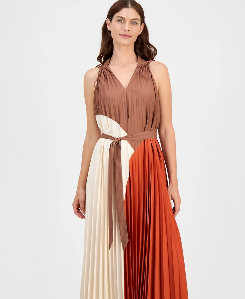 T Tahari Women's V-Neck Pleated A-Line Midi Dress