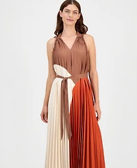 T Tahari Women's V-Neck Pleated A-Line Midi Dress