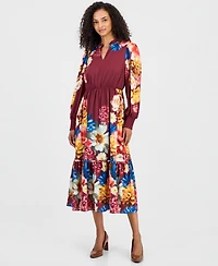 T Tahari Women's Floral Long-Sleeve A-Line Midi Dress