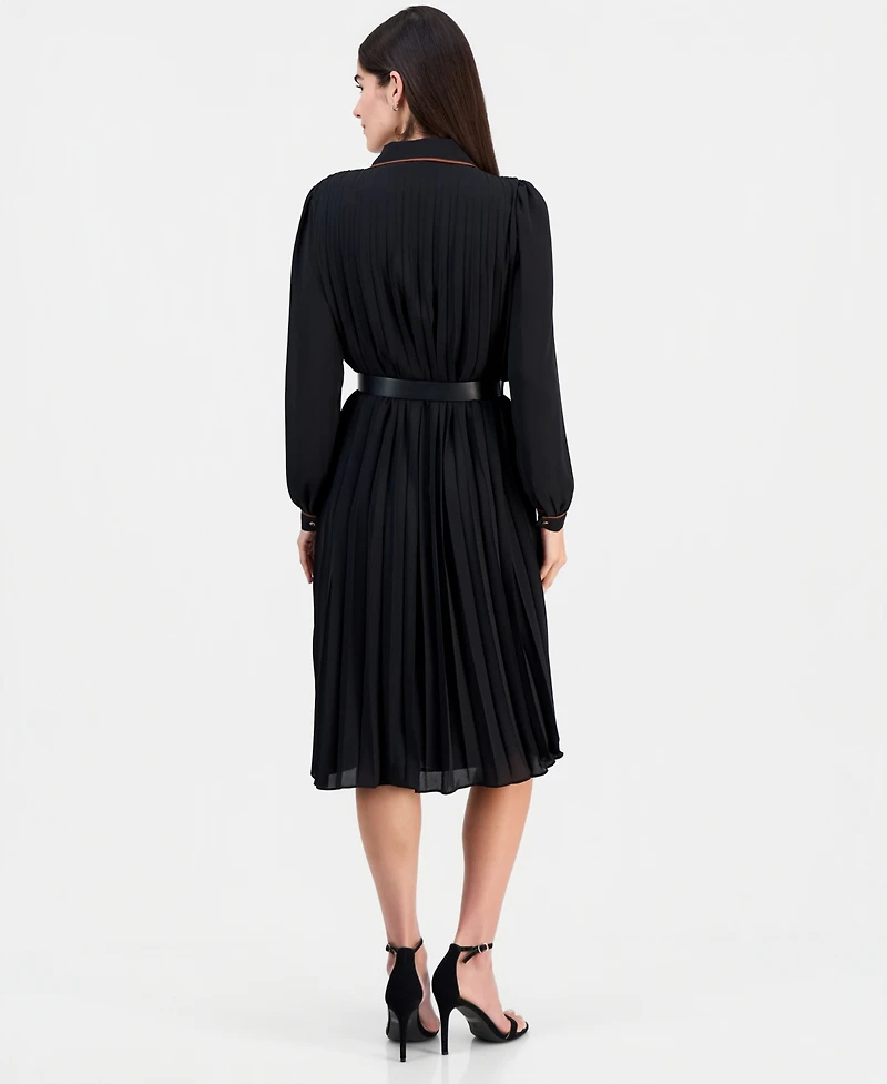 T Tahari Women's Contrast-Tipped Belted Long-Sleeve Shirt Dress
