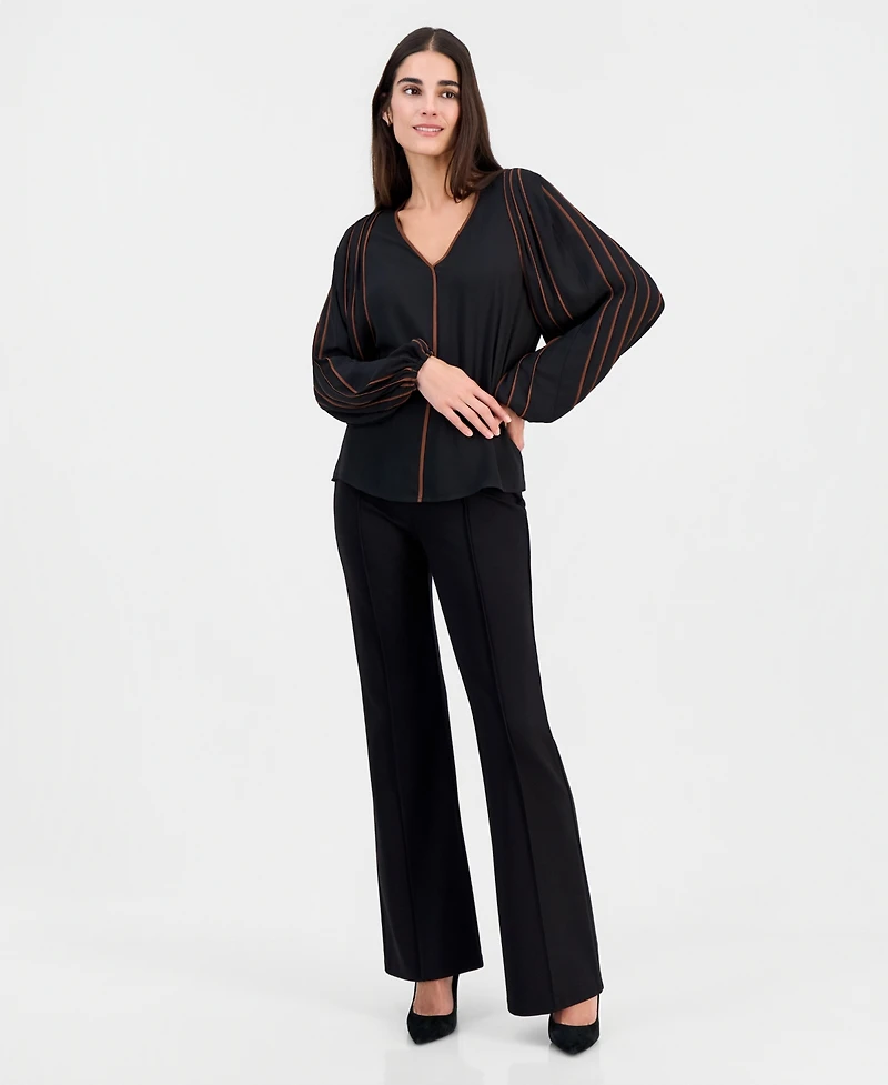 T Tahari Women's Contrast-Tipped V-Neck Blouse