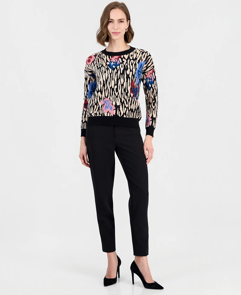 T Tahari Women's Leopard Floral Jacquard Crewneck Sweater