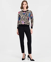 T Tahari Women's Leopard Floral Jacquard Crewneck Sweater