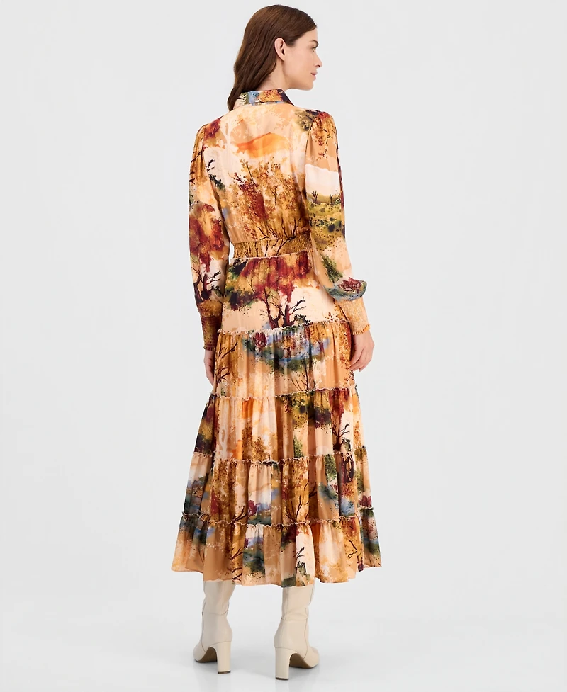T Tahari Women's Printed Smocked-Waist Ruffle-Tiered Dress