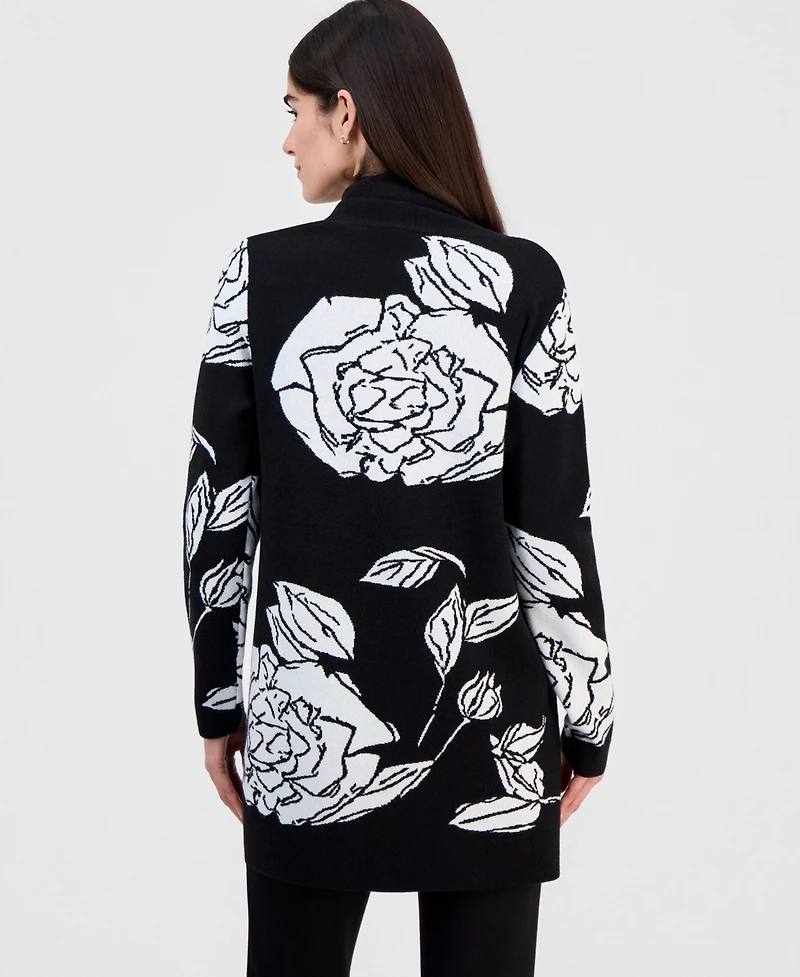 T Tahari Women's Floral-Jacquard Open-Front Cardigan
