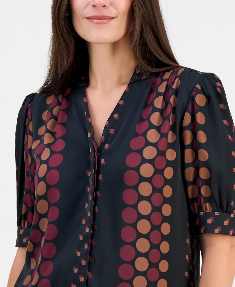 T Tahari Women's Printed Split-Neck Button-Down Blouse