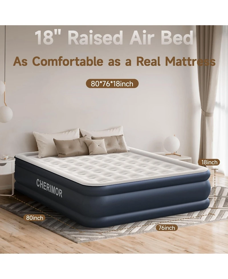 Cherimor 18" King Air Mattress with Built-in Pump, 1000-lb Capacity, Fast Inflation Guest Bed, Honeycomb Support, Blue
