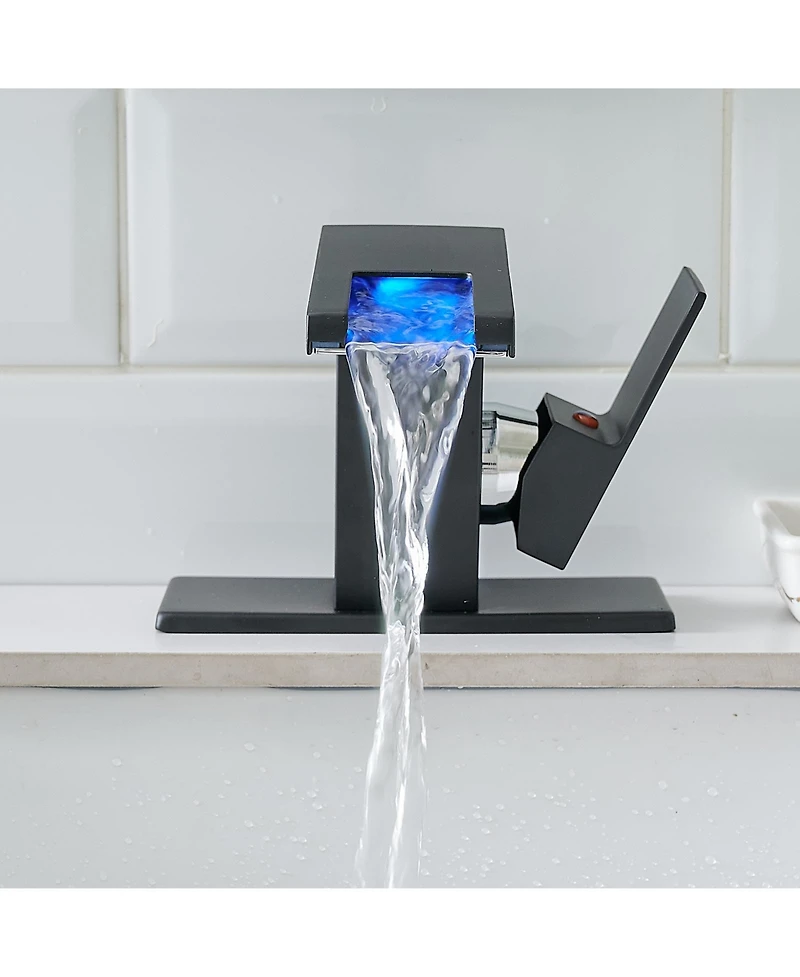 Busdays Led 3 Color Changing Waterfall Glass Spout Single Handle One Hole Deck Mount Bathroom Sink Faucet Hot Cold Mixer