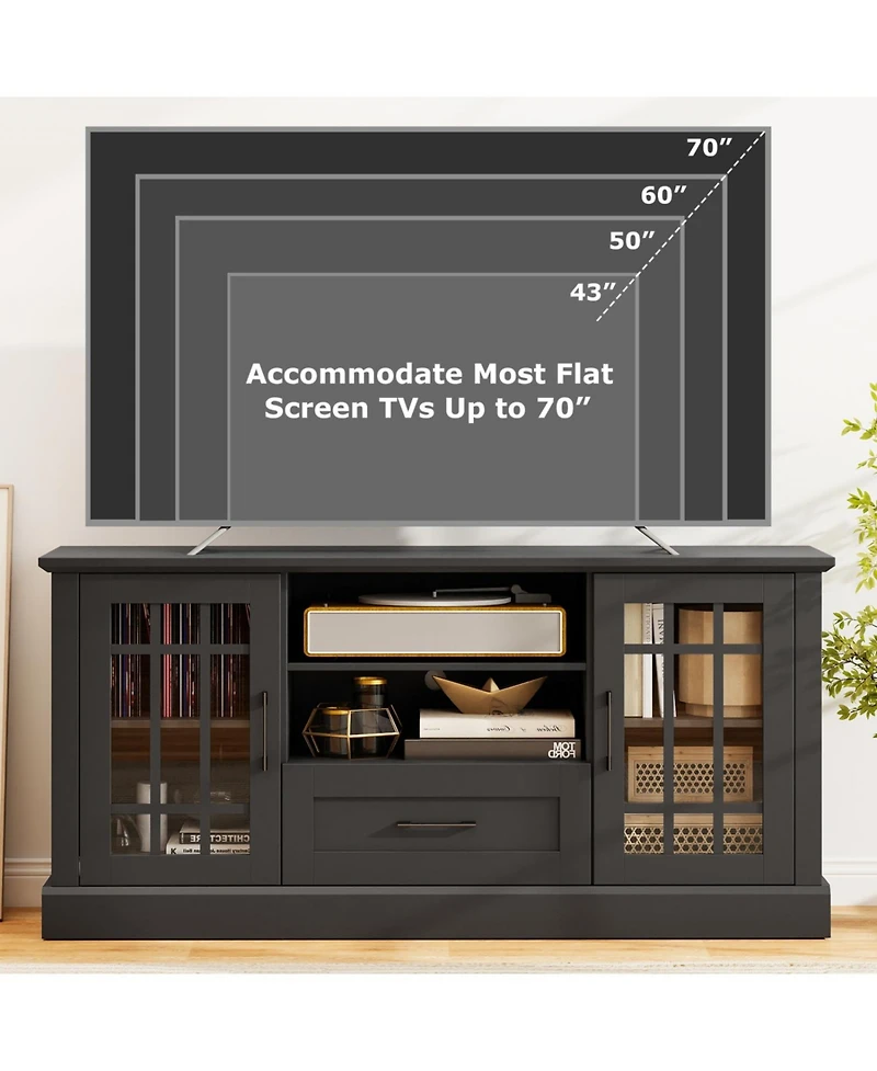Slickblue Modern Tv Stand with Drawer and Glass Cabinet Doors