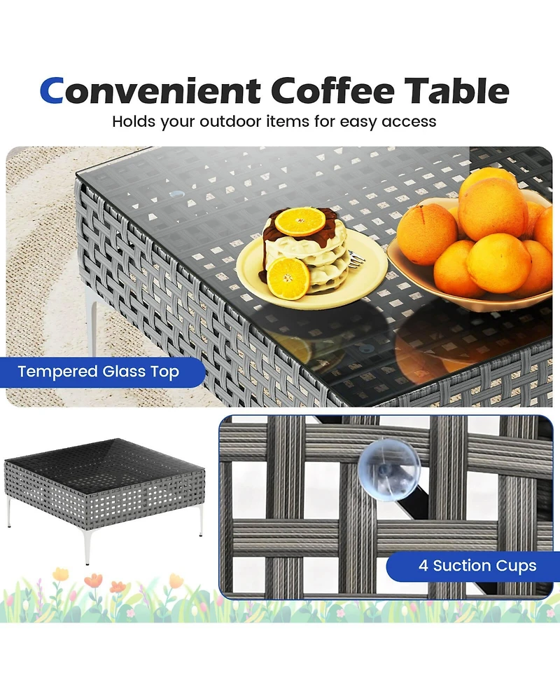 Costway 3 Pieces Patio Furniture Set with Tempered Glass Coffee Table Soft Back and Seat Cushions