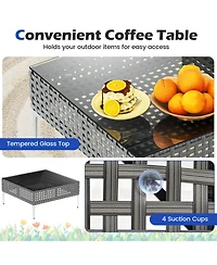 Costway 3 Pieces Patio Furniture Set with Tempered Glass Coffee Table Soft Back and Seat Cushions