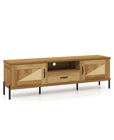 Slickblue Mid-Century Modern Rattan Tv Stand with 2 Storage Cabinets