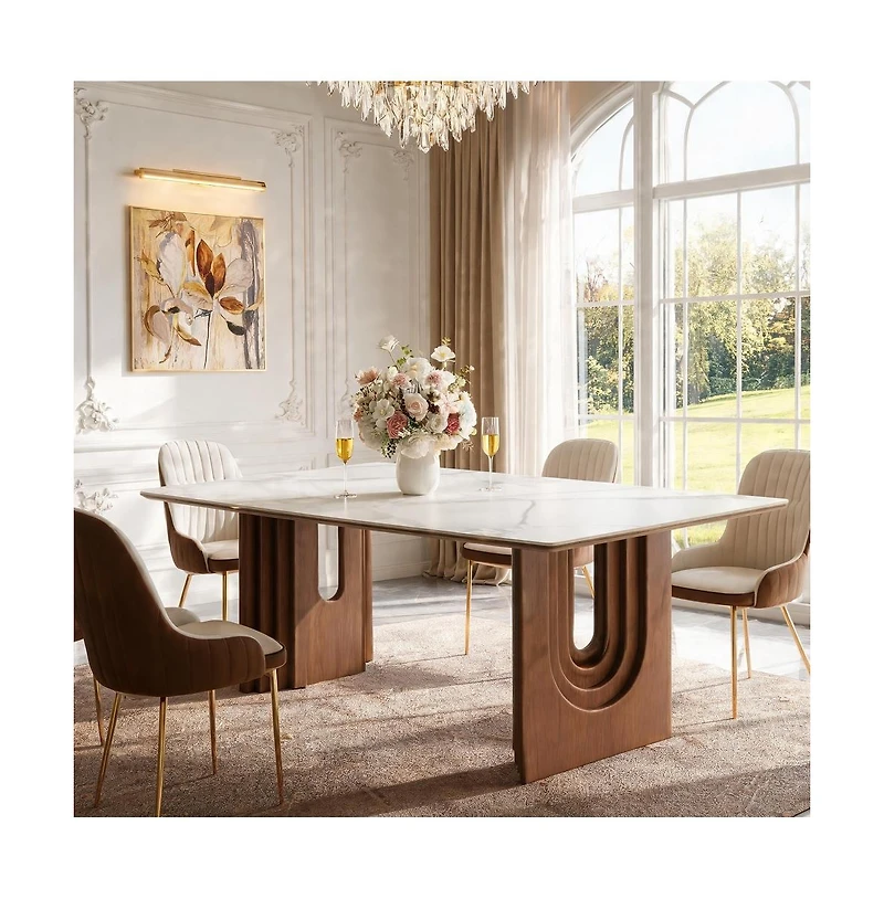 Tribesigns 63'' Sintered Stone Dining Table, Solid Wood Double Pedestal Farmhouse Table Seats 6