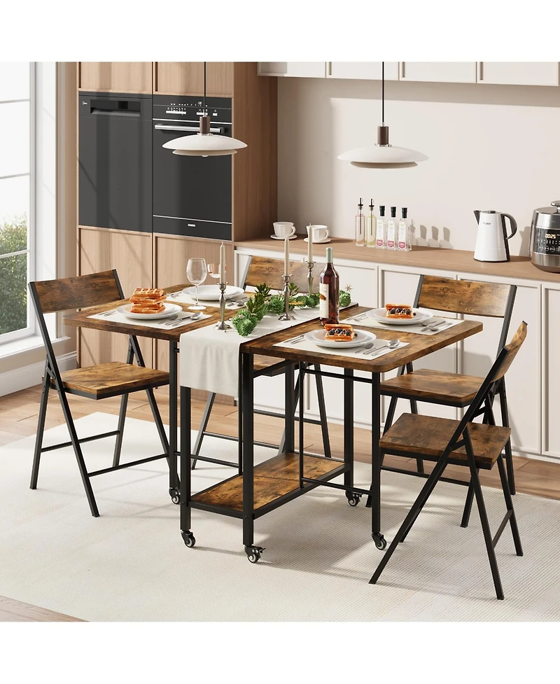 homfan Folding Dining Table Set with 4 Chairs - Drop Leaf Kitchen Table, Storage and Lockable Wheels, Space-Saving for Kitchen or Dining Room