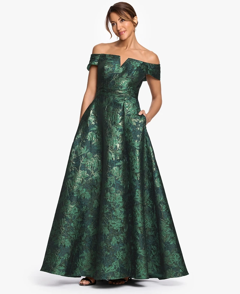 Xscape Women's Off-The-Shoulder Brocade Print Ball Gown