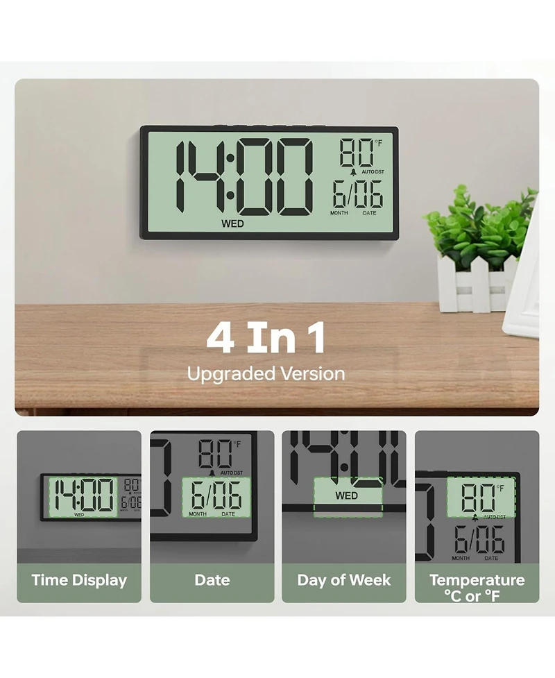 Jall 14.5 Inch Large Lcd Digital Wall Clock Wireless Long Battery Life Auto Dst 4 1 Display (Time Date Day Temperature) Perfect for Seniors