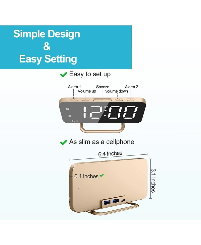 Jall Slim Mirror Alarm Clock Hd Display Dual Alarms 4 Brightness Levels (Off Included) 2 Usb Charging Ports Stylish Gift