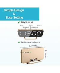 Jall Slim Mirror Alarm Clock Hd Display Dual Alarms 4 Brightness Levels (Off Included) 2 Usb Charging Ports Stylish Gift