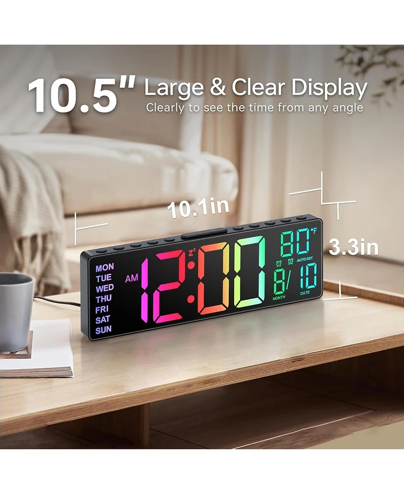 Jall 10.5 Inch Digital Large Alarm Clock with 8 Rgb Colors Date Month Temperature Auto Dst Back Night Light Plug Memory Battery