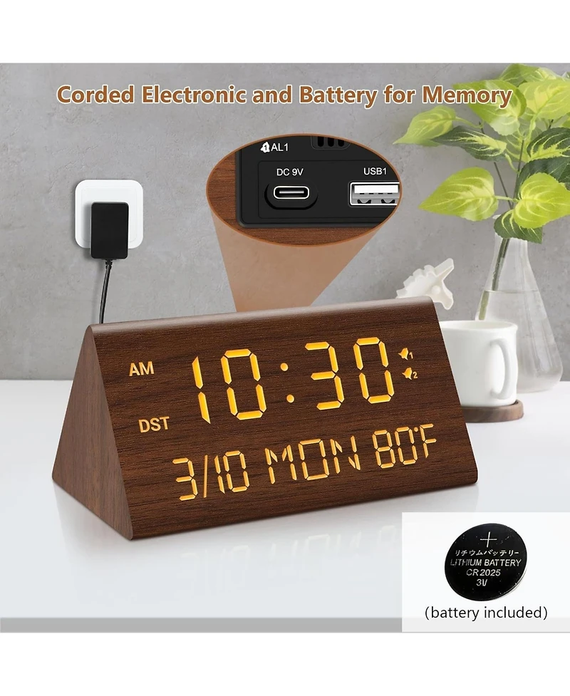 Neewer Wooden Digital Alarm Clock, 0-100% Dimmer, 2 Alarm Settings, Weekday/Everyday Mode, 9 Mins Snooze, 12/24H, Temperature