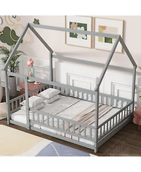 Sailvan House Floor Wooden Bed with Roof Frame, Safety Guardrails