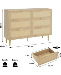 gaomon Rattan 6 Drawer Wide Double Dresser, Gold Handles & Legs Bedroom Storage Organizer