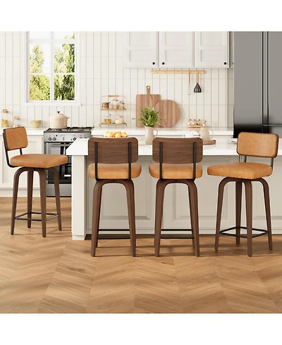 homfan Swivel Bar Stools Set of 4, Upholstered Counter Height Bar Stools with Back, Walnut-Finish Legs, Faux Leather for Kitchen Counter