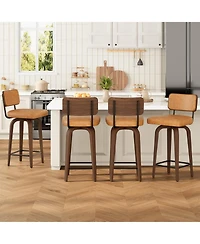 homfan Swivel Bar Stools Set of 4, Upholstered Counter Height Bar Stools with Back, Walnut-Finish Legs, Faux Leather for Kitchen Counter