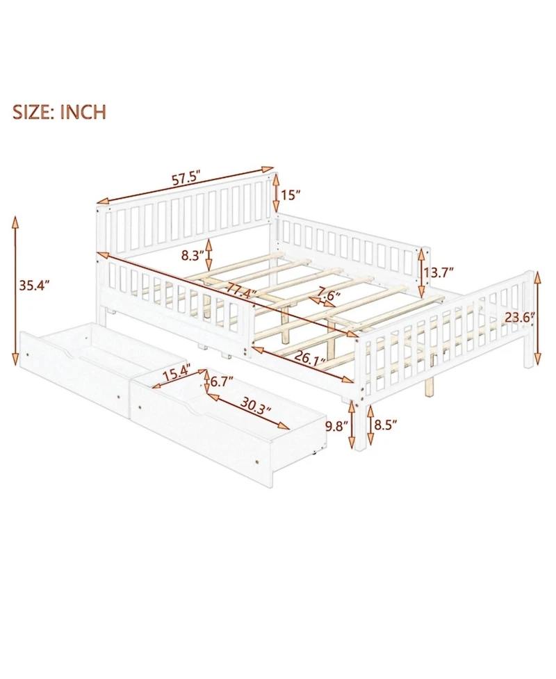 Rainsken Simple Wood Platform Bed with Guardrails on Both Sides and Two Storage Drawers
