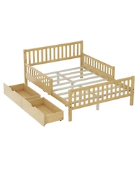 Rainsken Simple Wood Platform Bed with Guardrails on Both Sides and Two Storage Drawers
