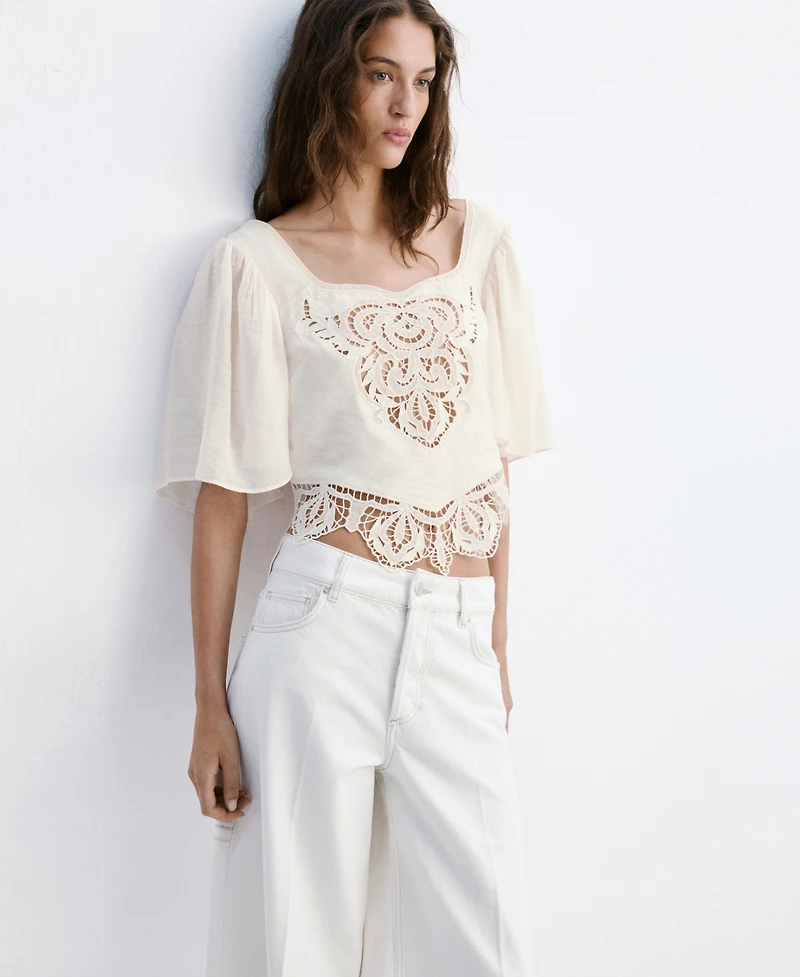 Mango Women's Openwork Embroidery Cropped Blouse