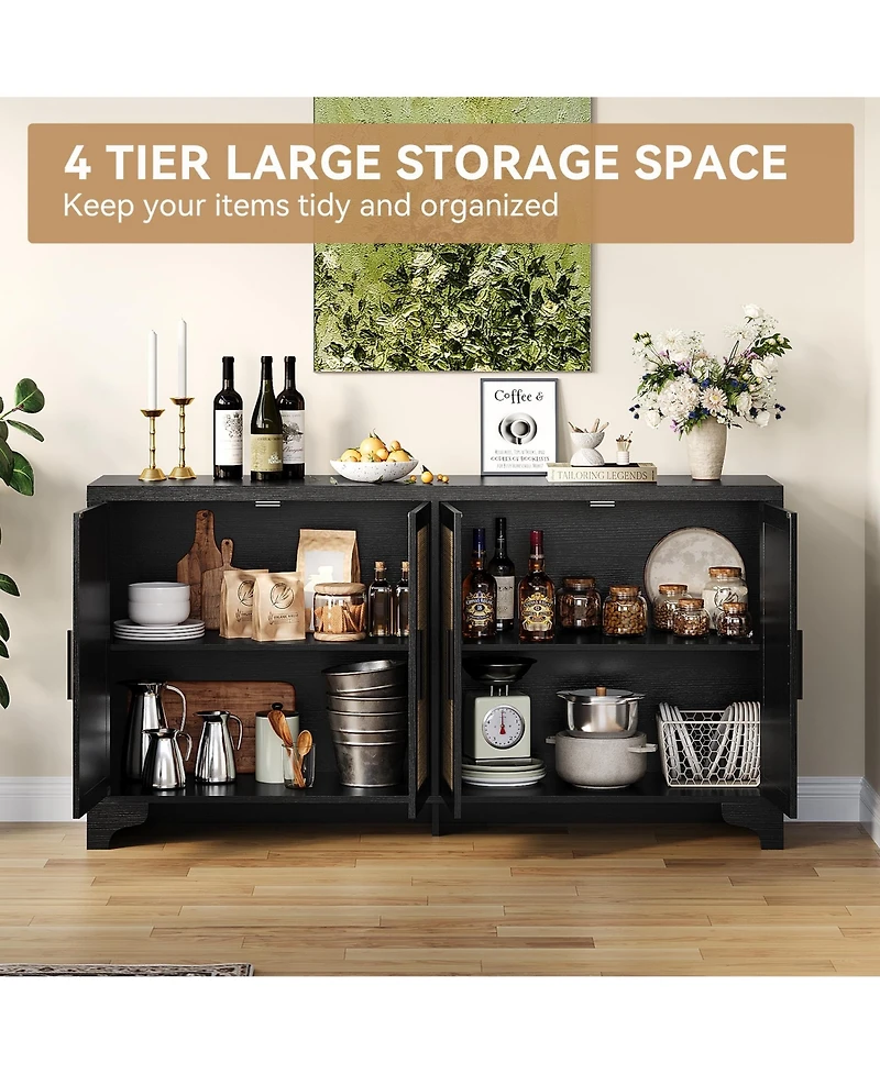 gaomon 62 Inches Rattan Sideboard Buffet Cabinet, 4-Door Kitchen Storage Cabinet with Shelves