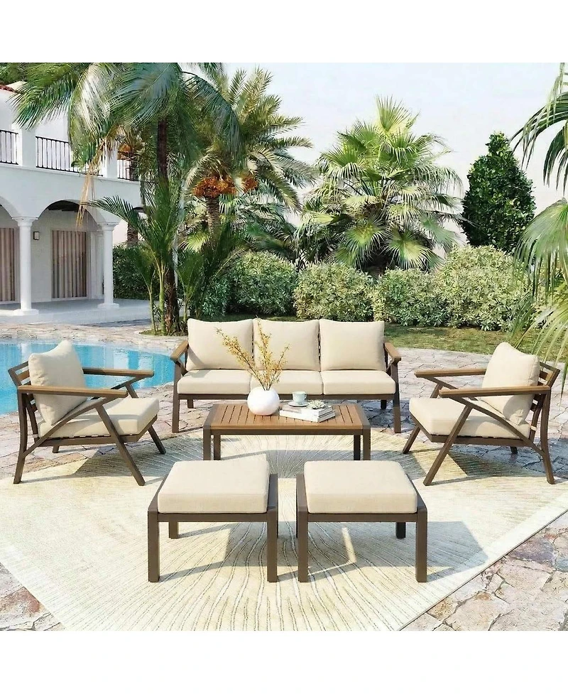 Asagikoiai 6-Piece Outdoor Patio Furniture Set with Acacia Coffee Table and Ottomans