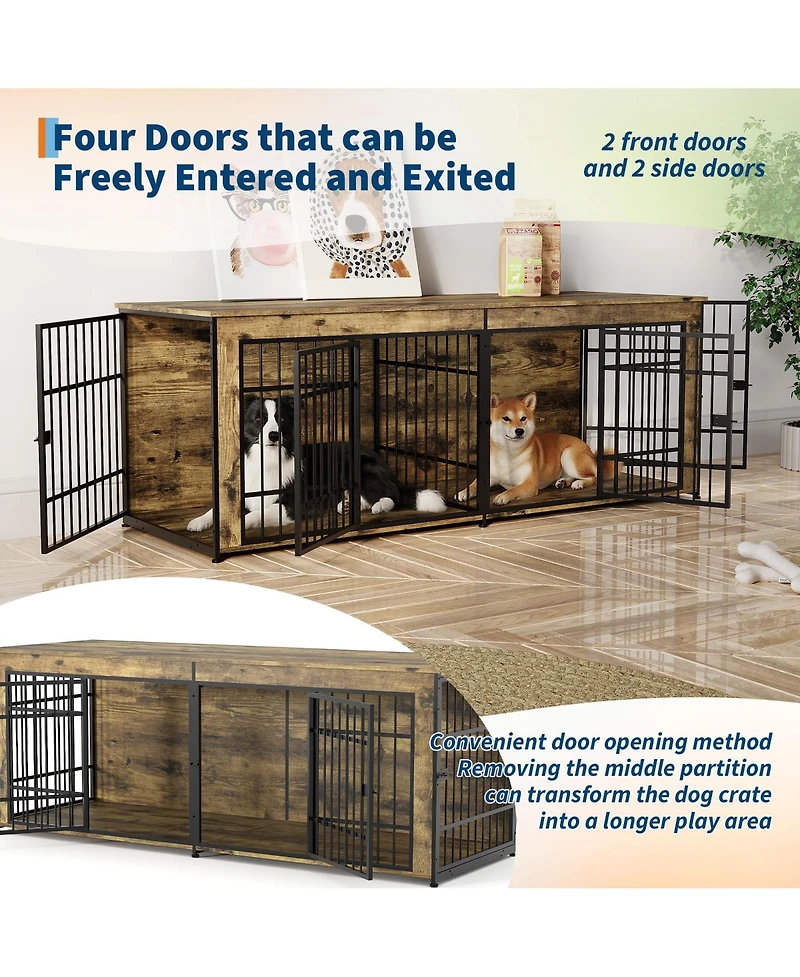 homfan Heavy Duty Wooden Dog House Furniture, Double 3-in-1 Kennel, Multifunctional End Table Tv Stand