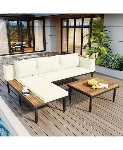 Asagikoiai L-Shaped Outdoor Sectional Sofa Set with Coffee Table and Cushions-Asagikoiai