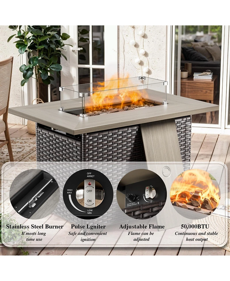 Pocassy Luxury High Back Outdoor Furniture with 6-inch Extra Thick Cushions, 8 Pieces Patio Set Fire Pit Table and Swivel Chairs
