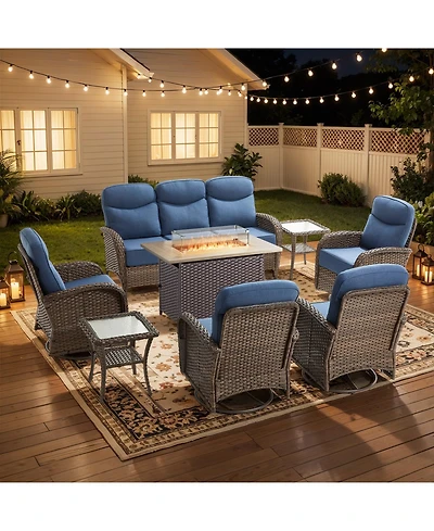 Pocassy Luxury High Back Outdoor Furniture with 6-inch Extra Thick Cushions, 8 Pieces Patio Set Fire Pit Table and Swivel Chairs