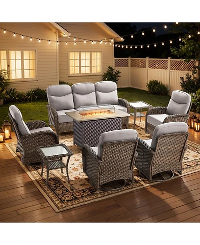 Pocassy Luxury High Back Outdoor Furniture with 6-inch Extra Thick Cushions, 8 Pieces Patio Set Fire Pit Table and Swivel Chairs