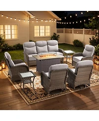 Pocassy Luxury High Back Outdoor Furniture with 6-inch Extra Thick Cushions, 8 Pieces Patio Set Fire Pit Table and Swivel Chairs