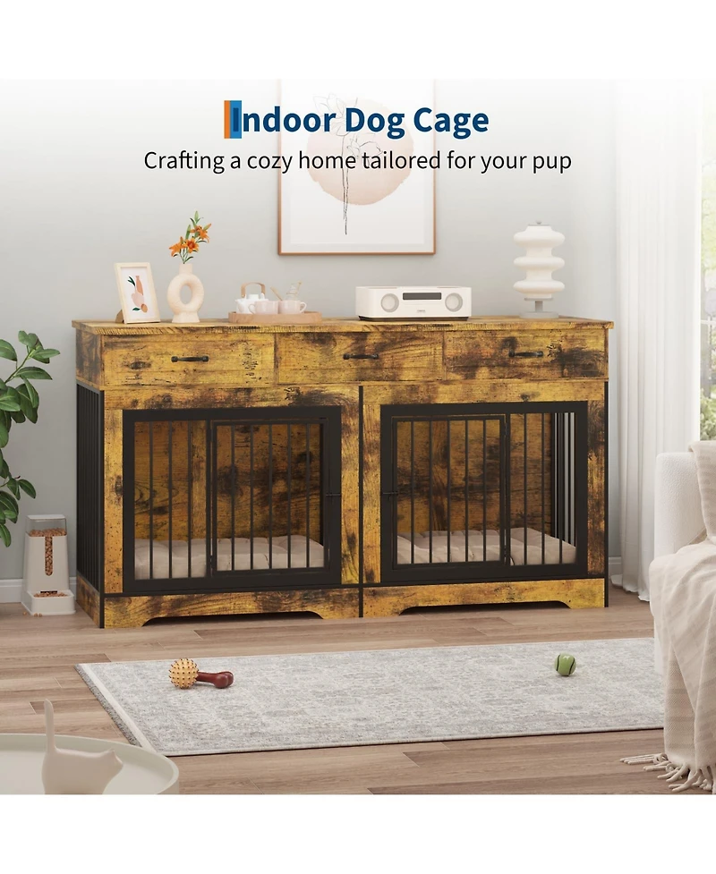 homfan Spacious Dual Dog Crate Furniture for 2 Medium/Large Dogs, Heavy Duty Wooden Indoor Kennel with 3 Drawers, End Table and Tv Stand.