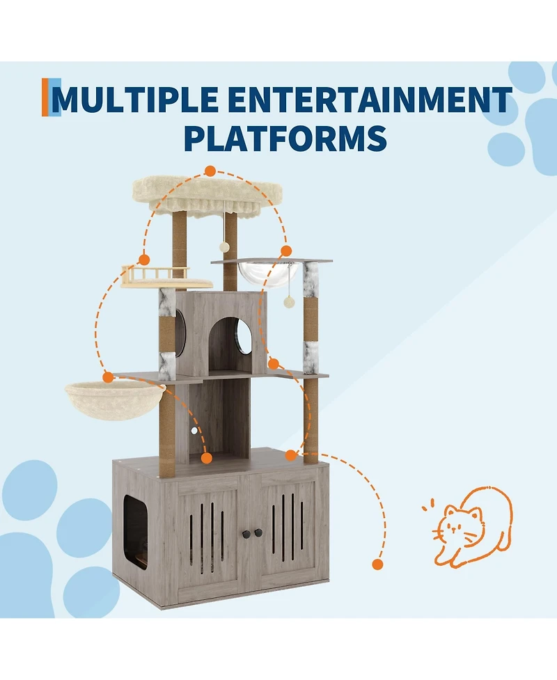 homfan Cat Tree with Hidden Litter Box Enclosure, Multi-Level Tower, Large Perch, Sisal Scratching Posts, Condo and Hammock.