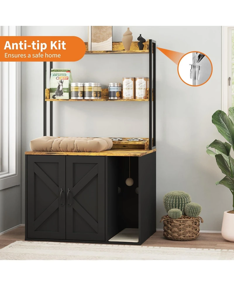 homfan Modern Wooden Cat Litter Box Enclosure Cabinet, Stylish Hidden House Furniture with Shelf, Discreet Cover.