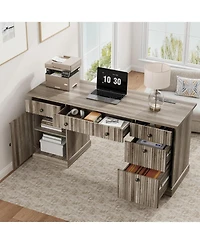 homfan 60" Office Desk with Storage and Drawers – Fluted Wood Computer Desk with Power Outlet and Adjustable Shelves for Home Office