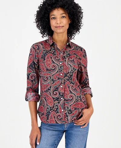 Nautica Women's Cotton Paisley Roll-Tab Shirt