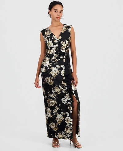 Connected Women's Floral-Print Ruffle V-Neck Dress