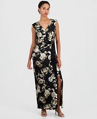 Connected Women's Floral-Print Ruffle V-Neck Dress